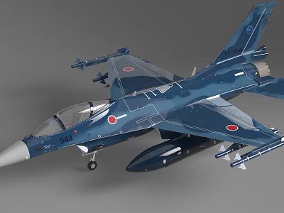 Blue Camouflage Fighter Jet With Japanese Military Markings And Mounted Missiles 3d model
