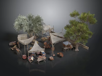 Outdoor Camping Scene With Canvas Tents Trees Wooden Tables And Stones 3d model