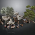 Outdoor Camping Scene With Canvas Tents Trees Wooden Tables And Stones