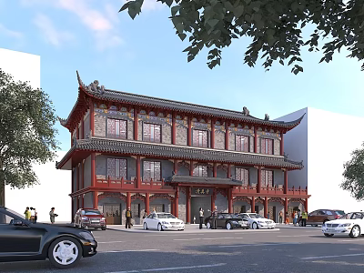 Ancient Chinese Architecture with Red Wooden Structure Curved Roof Ornate Carvings and Street with Pedestrians Cars 3d model