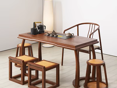 Solid Wood Tea Table With Curved Back Chair And Matching Stools In Minimalist Room 3d model