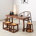 Solid Wood Tea Table With Curved Back Chair And Matching Stools In Minimalist Room