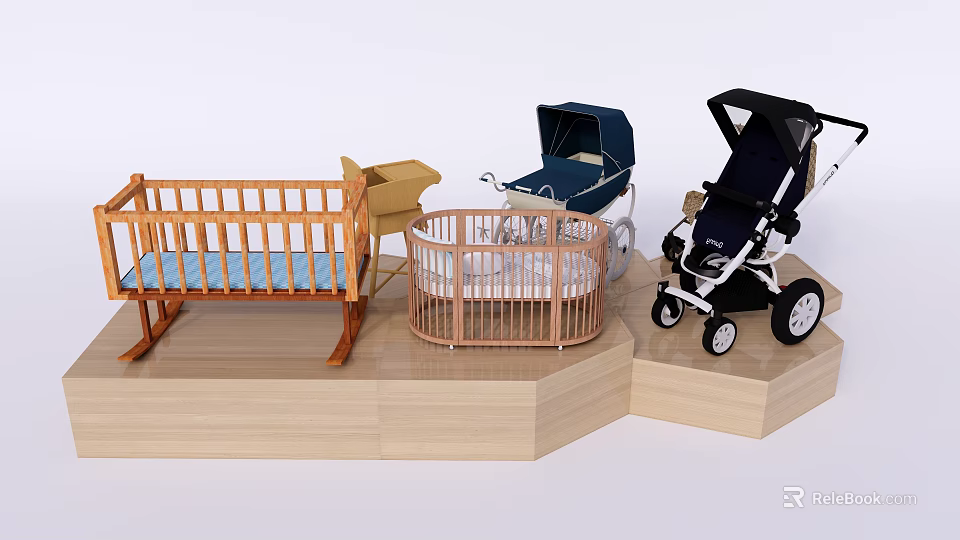 Modern Design Baby Gear Display With Crib Playpen Stroller And Wooden Base 3d model 