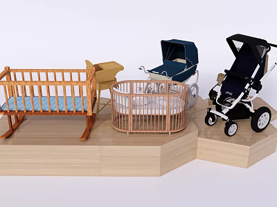 Modern Design Baby Gear Display With Crib Playpen Stroller And Wooden Base 3d model