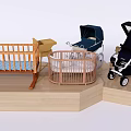 Modern Design Baby Gear Display With Crib Playpen Stroller And Wooden Base