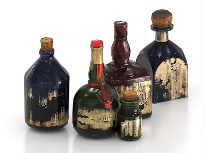 Beverage Bottles In Various Colors With Decorative Cork Stoppers And Gold Accents 3d model