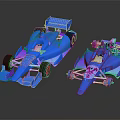 Two Shiny Streamlined Race Cars With Blue Purple Exterior Displayed Side By Side