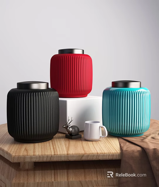 Colorful Ceramic Vessels With Vertical Stripes And Silver Lids On Wooden Table 3d model 