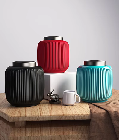 Colorful Ceramic Vessels With Vertical Stripes And Silver Lids On Wooden Table 3d model