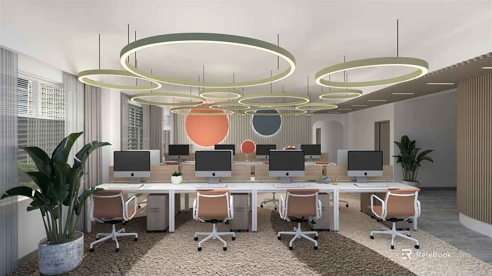 Modern Public Office Space Interior With Workstations Computers Ergonomic Chairs Circular Pendant Lights And Plants 3d model 