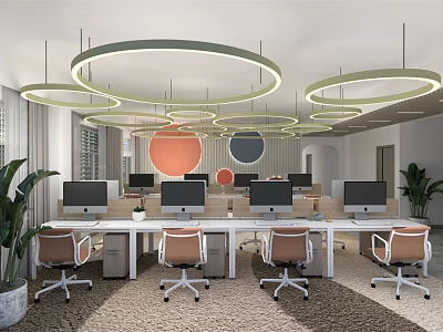 Modern Public Office Space Interior With Workstations Computers Ergonomic Chairs Circular Pendant Lights And Plants 3d model