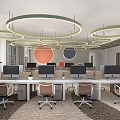 Modern Public Office Space Interior With Workstations Computers Ergonomic Chairs Circular Pendant Lights And Plants