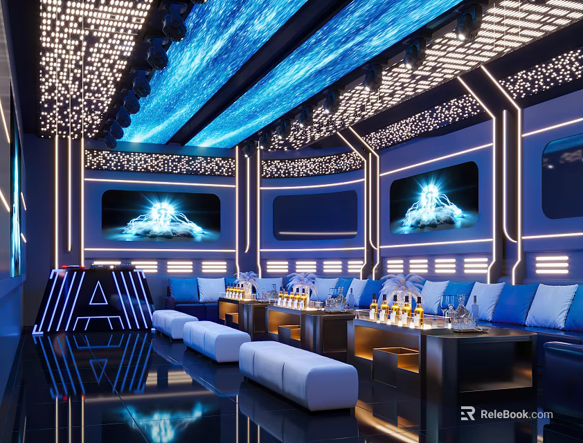 Modern KTV Interior Design With Stylish Lighting Comfortable Seating And Large Screens 3d model