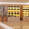 Storefront Counter Featuring Illuminated Display Shelves with Premium Tea Cans and Wooden Decor