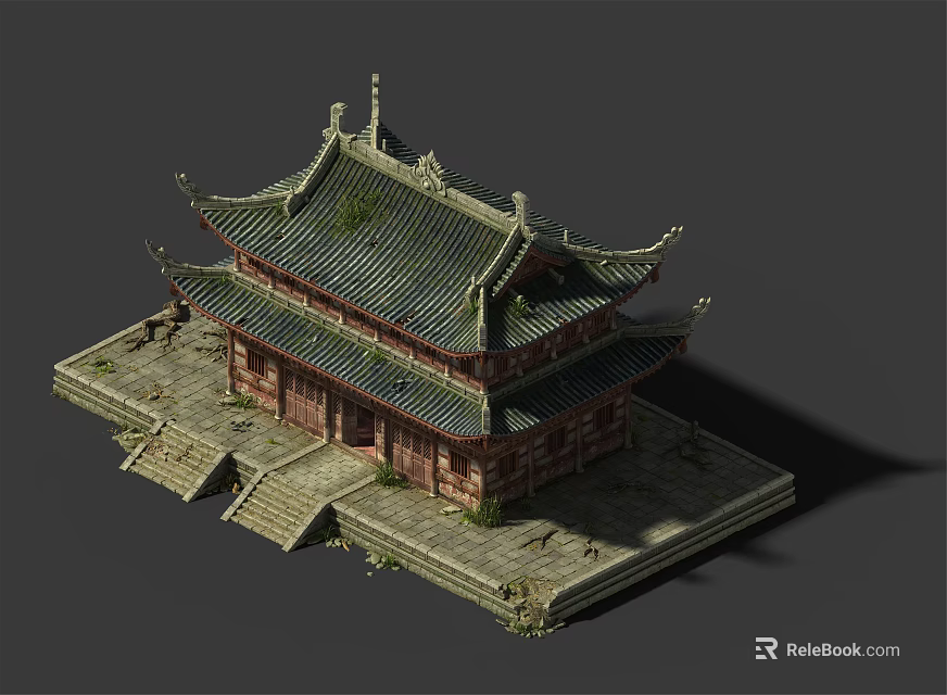 Ancient Chinese Architecture With Traditional Eaves Green Tiles And Stone Steps 3d model 
