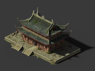 Ancient Chinese Architecture With Traditional Eaves Green Tiles And Stone Steps 3d model