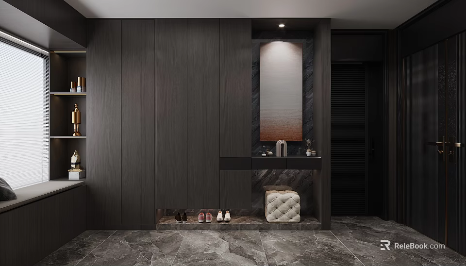 Modern Entryway Design With Dark Cabinetry Artwork And Upholstered Stool 3d model