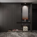 Modern Entryway Design With Dark Cabinetry Artwork And Upholstered Stool 3d model