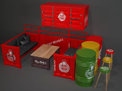 Industrial Style Public Seating With Red Containers Black Sofa And Beer Barrels 3d model