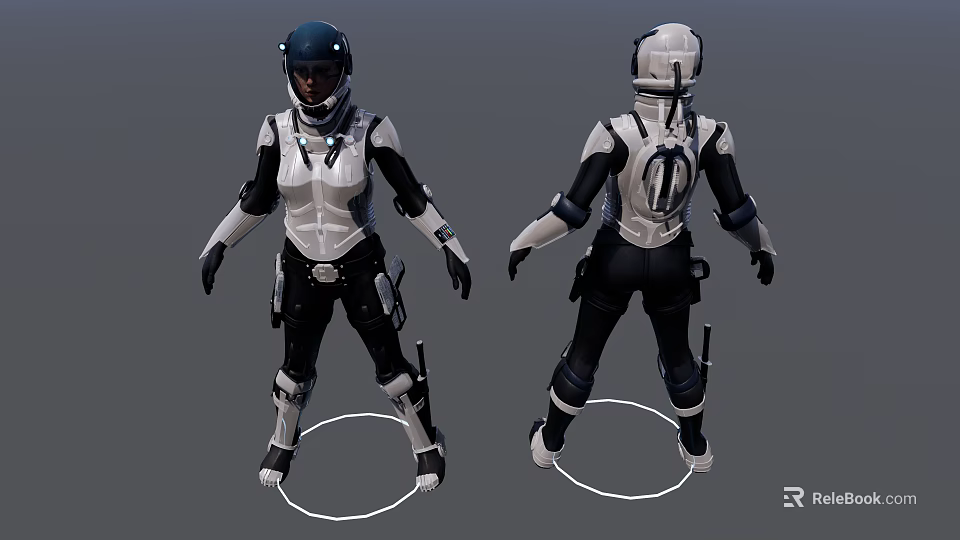 Woman In Futuristic Black And White Tactical Suit With Helmet And Armor 3d model 