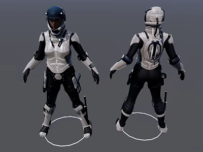 Woman In Futuristic Black And White Tactical Suit With Helmet And Armor 3d model