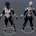 Woman In Futuristic Black And White Tactical Suit With Helmet And Armor