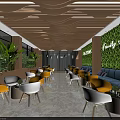 Hotel Public Lounge Interior With Wooden Wavy Ceiling Green Living Wall And Yellow White Chairs