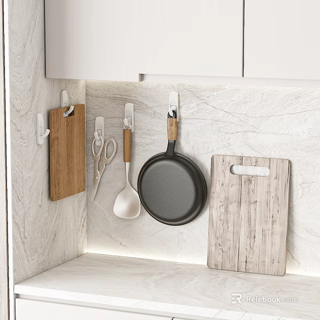 Modern Kitchen Utensils On Marble Countertop With Wooden Cutting Boards And Frying Pan 3d model 