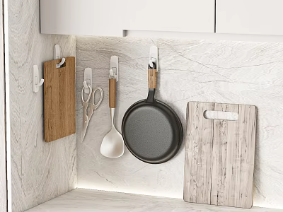Modern Kitchen Utensils On Marble Countertop With Wooden Cutting Boards And Frying Pan 3d model