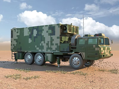 Military Camouflage Functional Vehicle With Antenna And Equipment In Desert Terrain 3d model
