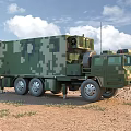 Military Camouflage Functional Vehicle With Antenna And Equipment In Desert Terrain