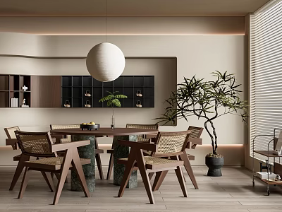 Modern Restaurant Interior With Round Pendant Light Wooden Dining Table Chairs And Green Plants 3d model