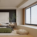Modern Bedroom Interior Design With Green Bedspread Wall Painting Plant And Curtains