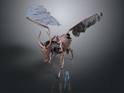 Artistic Metal Skeleton Antelope Sculpture With Tattered Cloth Wings And Rustic Details 3d model