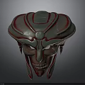 Ornate Silver Red Helmet With Detailed Facial Design And Decorative Lines