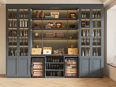 Dark Gray Wine Cabinet With Glass Doors Shelves Wine Bottles Glasses And Decor 3d model
