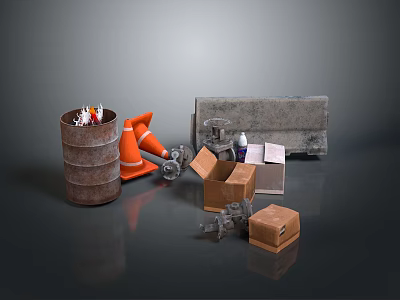 Rusty Industrial Equipment With Metal Barrel Orange Cones Toolbox And Cardboard Boxes 3d model