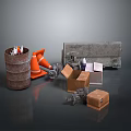 Rusty Industrial Equipment With Metal Barrel Orange Cones Toolbox And Cardboard Boxes