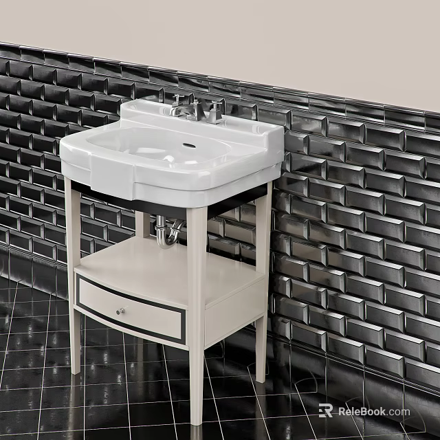 White Bathroom Vanity Sink with Drawer Base and Black Brick Wall Design 3d model