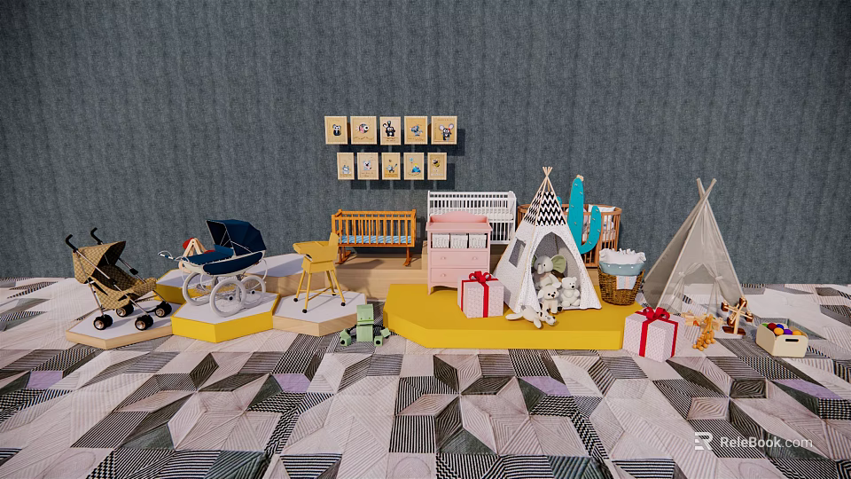 Baby Nursery Display With Crib Stroller Teepee Gift Boxes And Building Blocks 3d model 