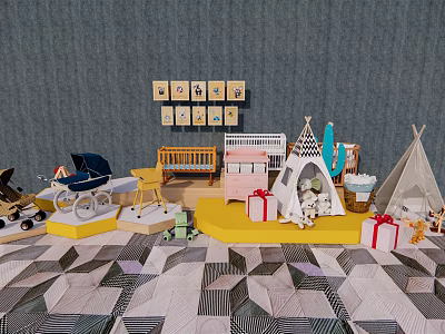Baby Nursery Display With Crib Stroller Teepee Gift Boxes And Building Blocks 3d model