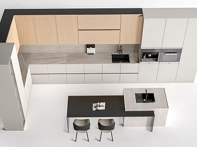 Modern Kitchen Open Layout With Stylish Bar Counter And Wooden Cabinets 3d model