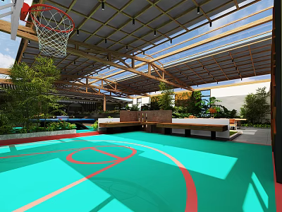 New Chinese Garden Roof Garden Sunshine Room Basketball Court Indoor Landscape Tea Room Green Plant Furniture Waterscape 3d model