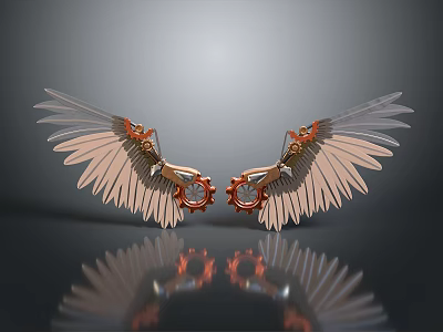 Wing Shaped Wall Decor With Copper Gears And Symmetrical Feather Design 3d model