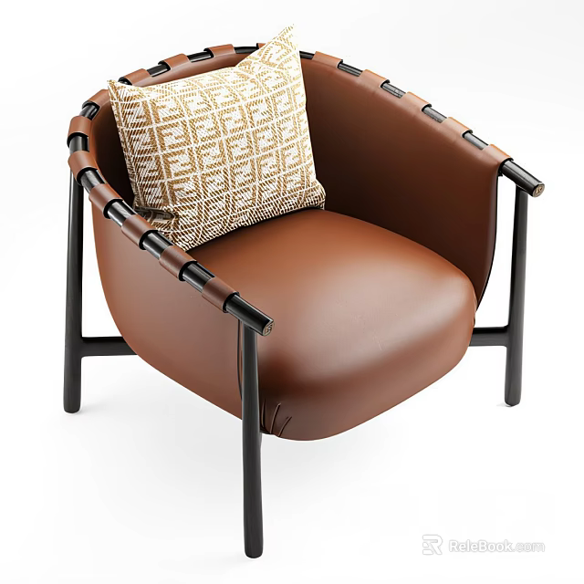 Brown Leather Leisure Chair With Black Metal Armrests And Geometric Pattern Cushion 3d model 