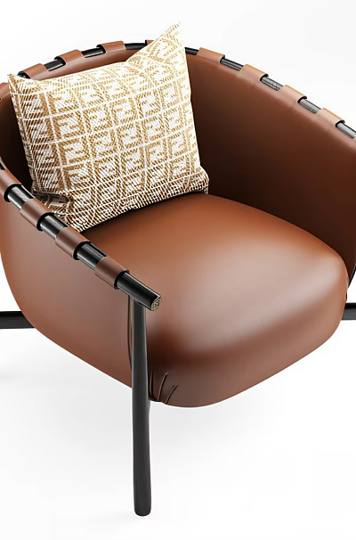 Brown Leather Leisure Chair With Black Metal Armrests And Geometric Pattern Cushion 3d model