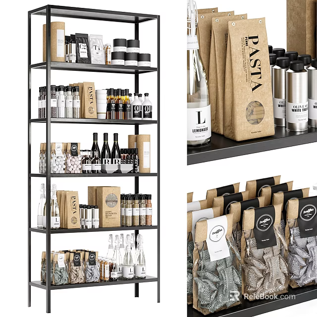 Multi tiered Black Metal Retail Display Shelves Stocked with Bottles Boxes and Packaged Goods 3d model 