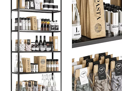 Multi tiered Black Metal Retail Display Shelves Stocked with Bottles Boxes and Packaged Goods 3d model