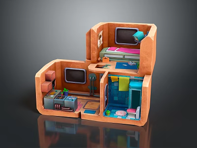 Cartoon Style Scene With Multi Level Rooms And Colorful Furniture Areas 3d model