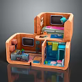 Cartoon Style Scene With Multi Level Rooms And Colorful Furniture Areas